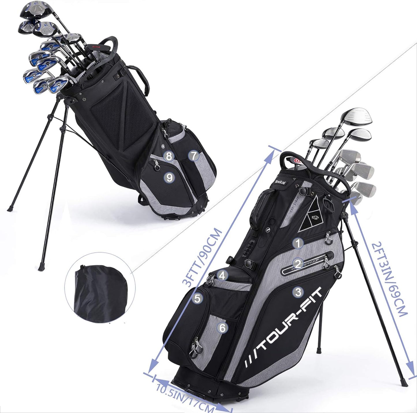 Tour-Fit Golf Stand Bag 14 Way Top Full Length Divider-Black/Gray