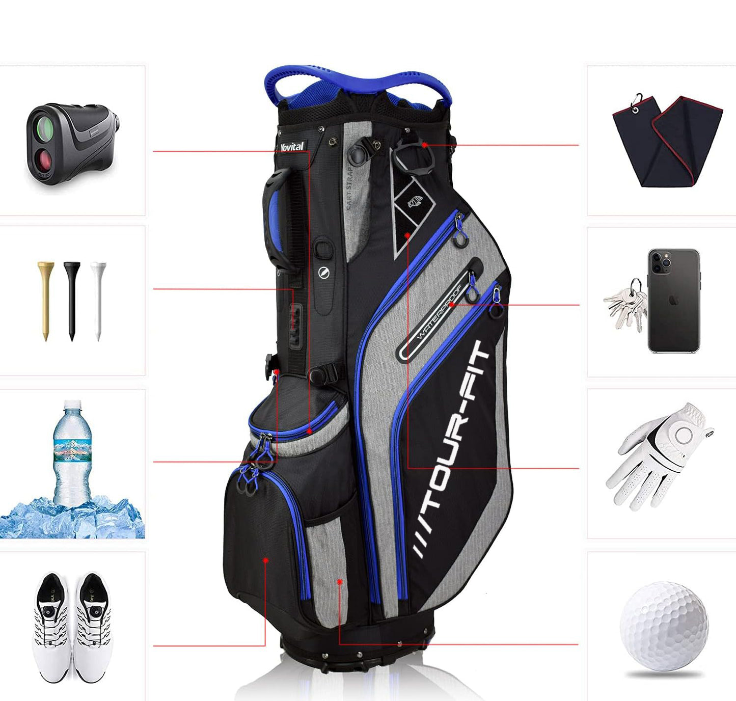 Tour-Fit Golf Stand Bag 14 Way Top Full Length Divider-Black/Gray/Blue