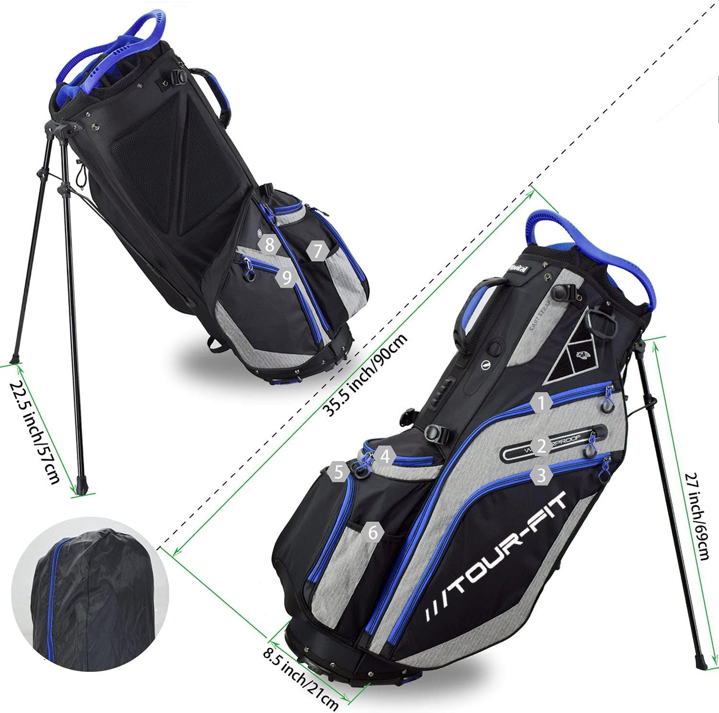 Tour-Fit Golf Stand Bag 14 Way Top Full Length Divider-Black/Gray/Blue