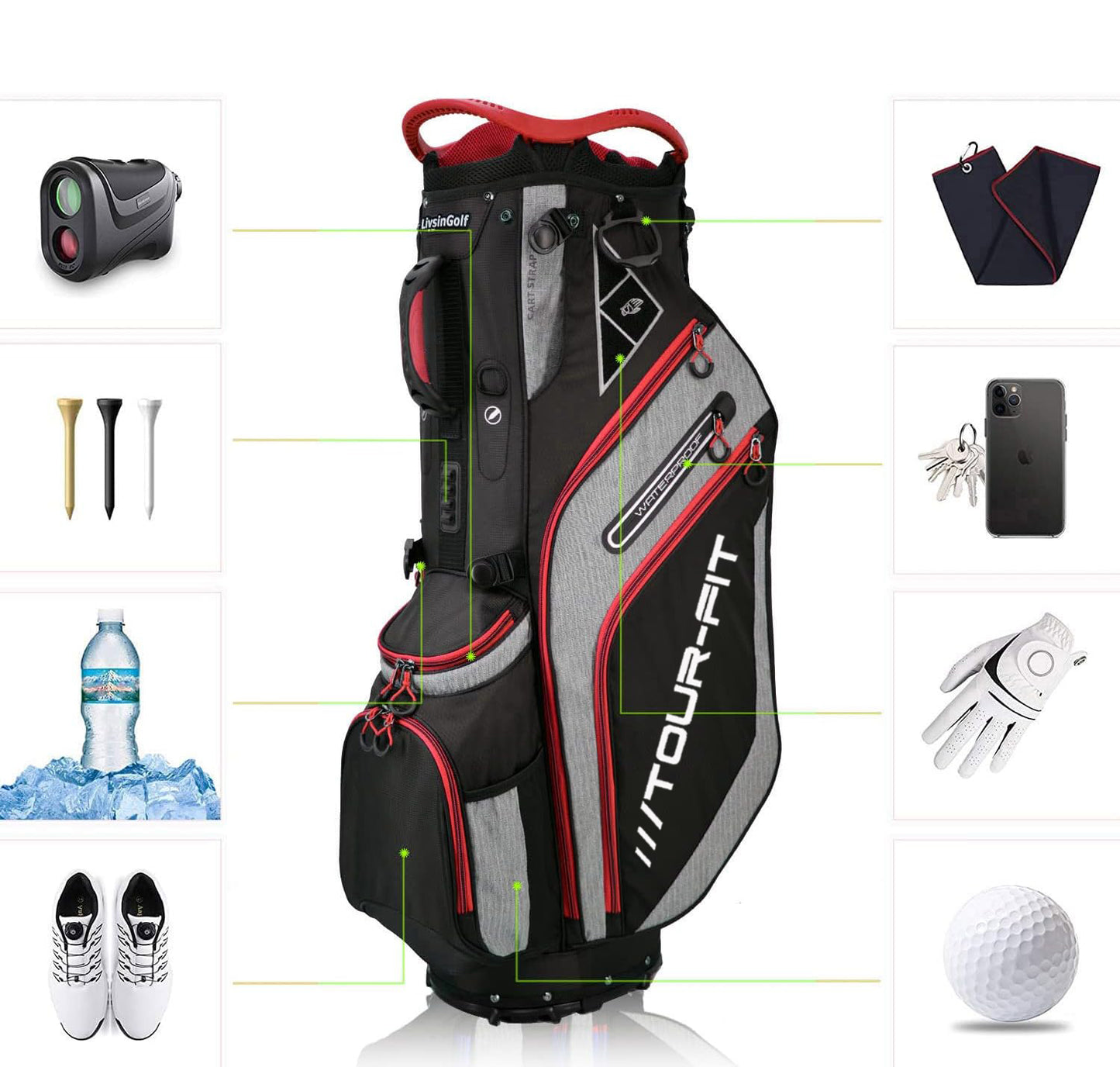 Tour-Fit Golf Stand Bag 14 Way Top Full Length Divider-Black/Gray/Red