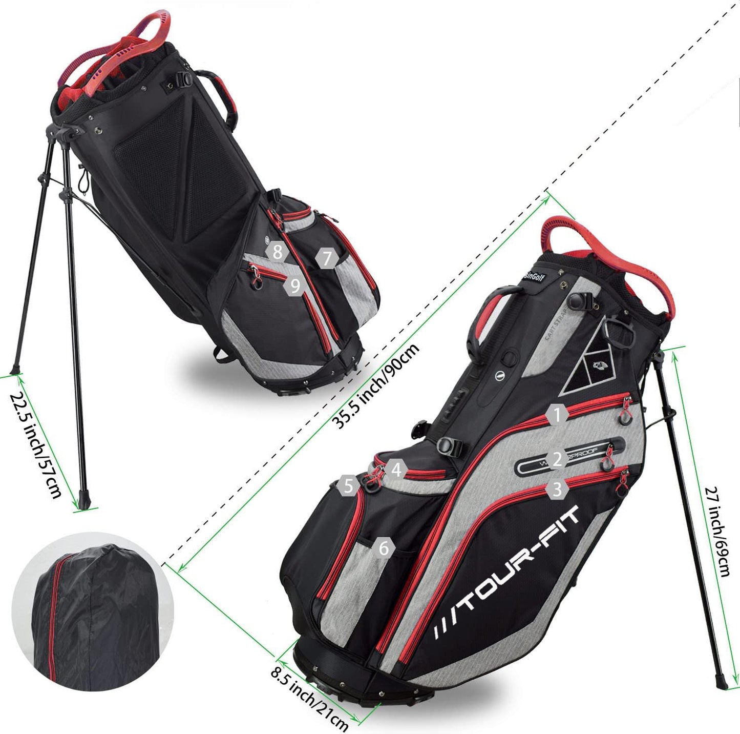 Tour-Fit Golf Stand Bag 14 Way Top Full Length Divider-Black/Gray/Red