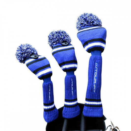 Golf club Headcover Tour Fit Double Layer Pom Pom Knitted Blue/Black/White