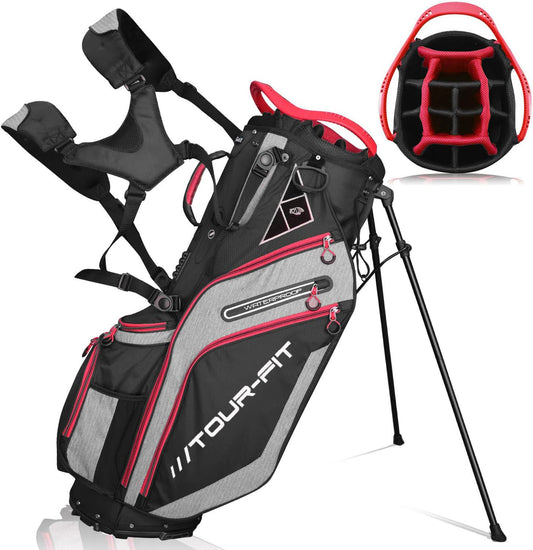 Tour-Fit Golf Stand Bag 14 Way Top Full Length Divider-Black/Gray/Red