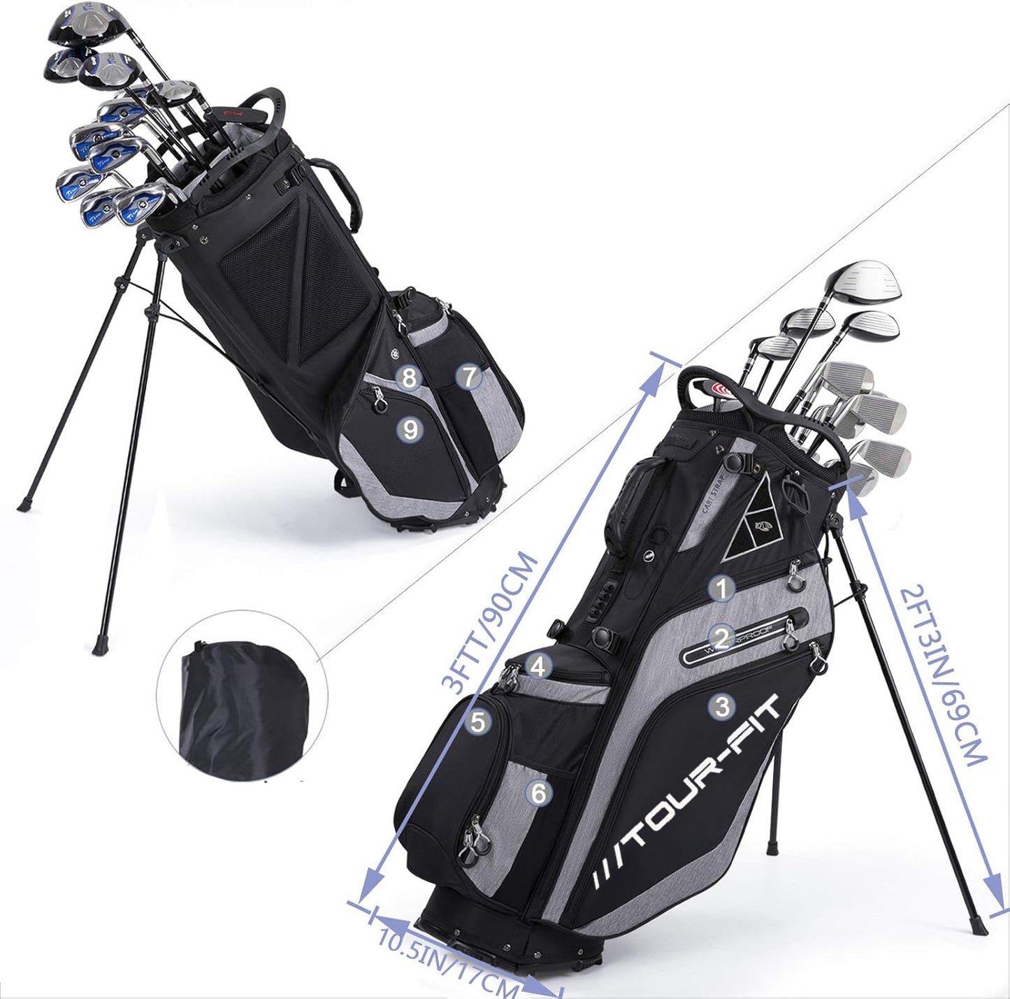 Tour-Fit Golf Stand Bag 14 Way Top Full Length Divider-Black/Gray