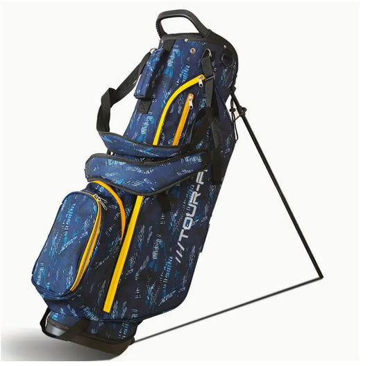 Tour-Fit Golf Stand Bag – 4 Way Top Lightweight Stand Bag | Blue Pattern with Yellow Zips