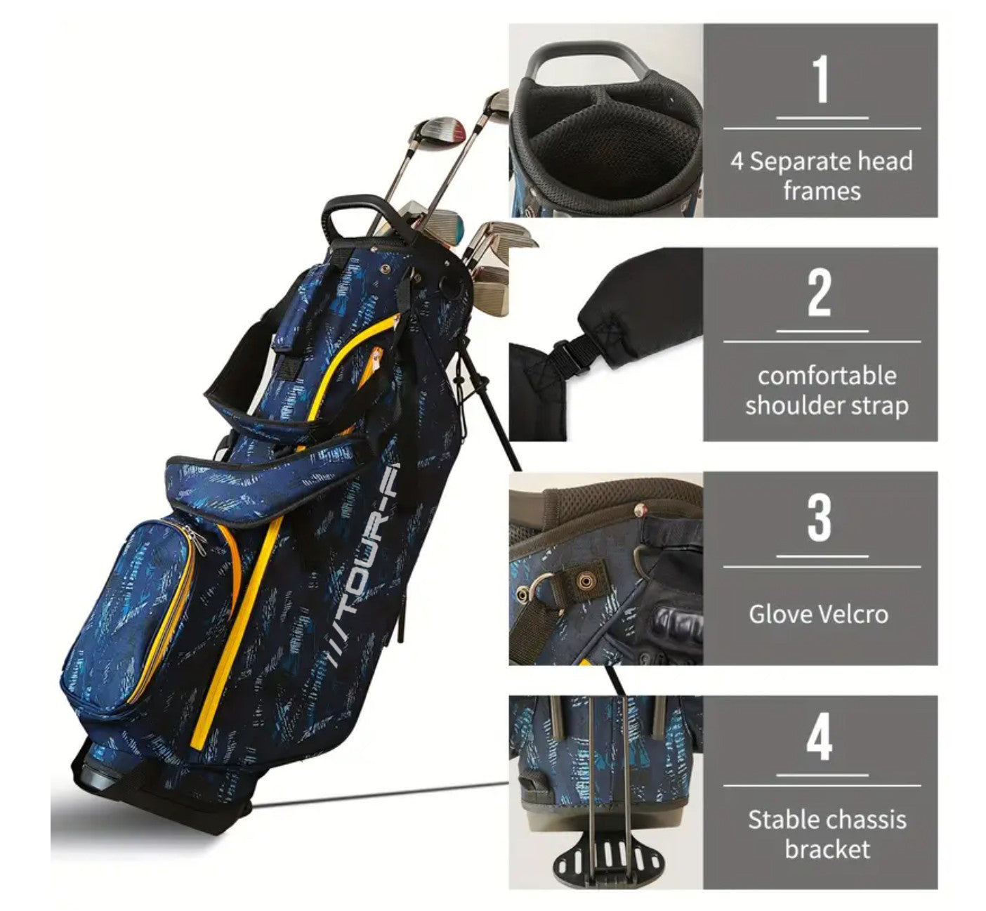 Tour-Fit Golf Stand Bag – 4 Way Top Lightweight Stand Bag | Blue Pattern with Yellow Zips