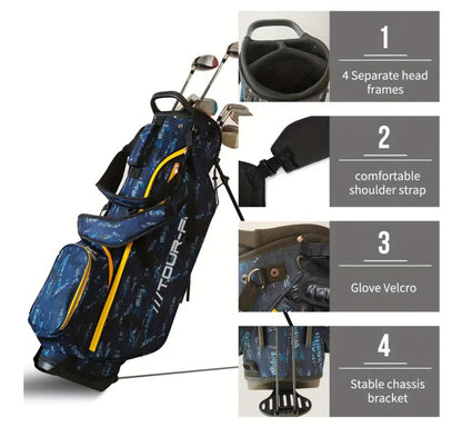 Tour-Fit Golf Stand Bag – 4 Way Top Lightweight Stand Bag | Blue Pattern with Yellow Zips