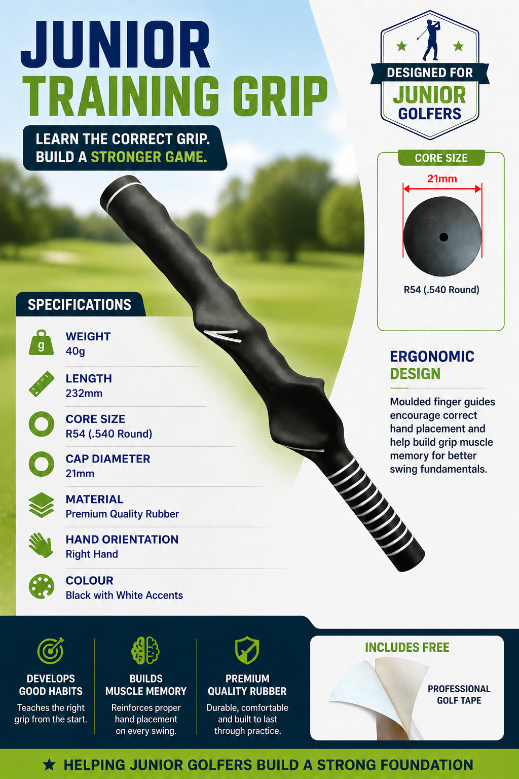 Tour Fit Junior Golf Training Grip Right Hand Kids Golf Training Aid with Golf Tape