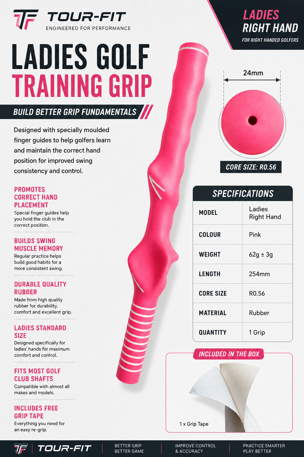 Golf Training Grip Ladies Right Hand Pink Tour-Fit Training Grip with Golf Tape