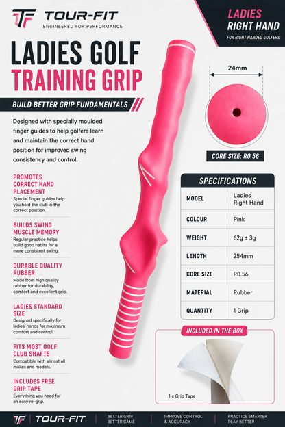 Golf Training Grip Ladies Right Hand Pink Tour-Fit Training Grip with Golf Tape