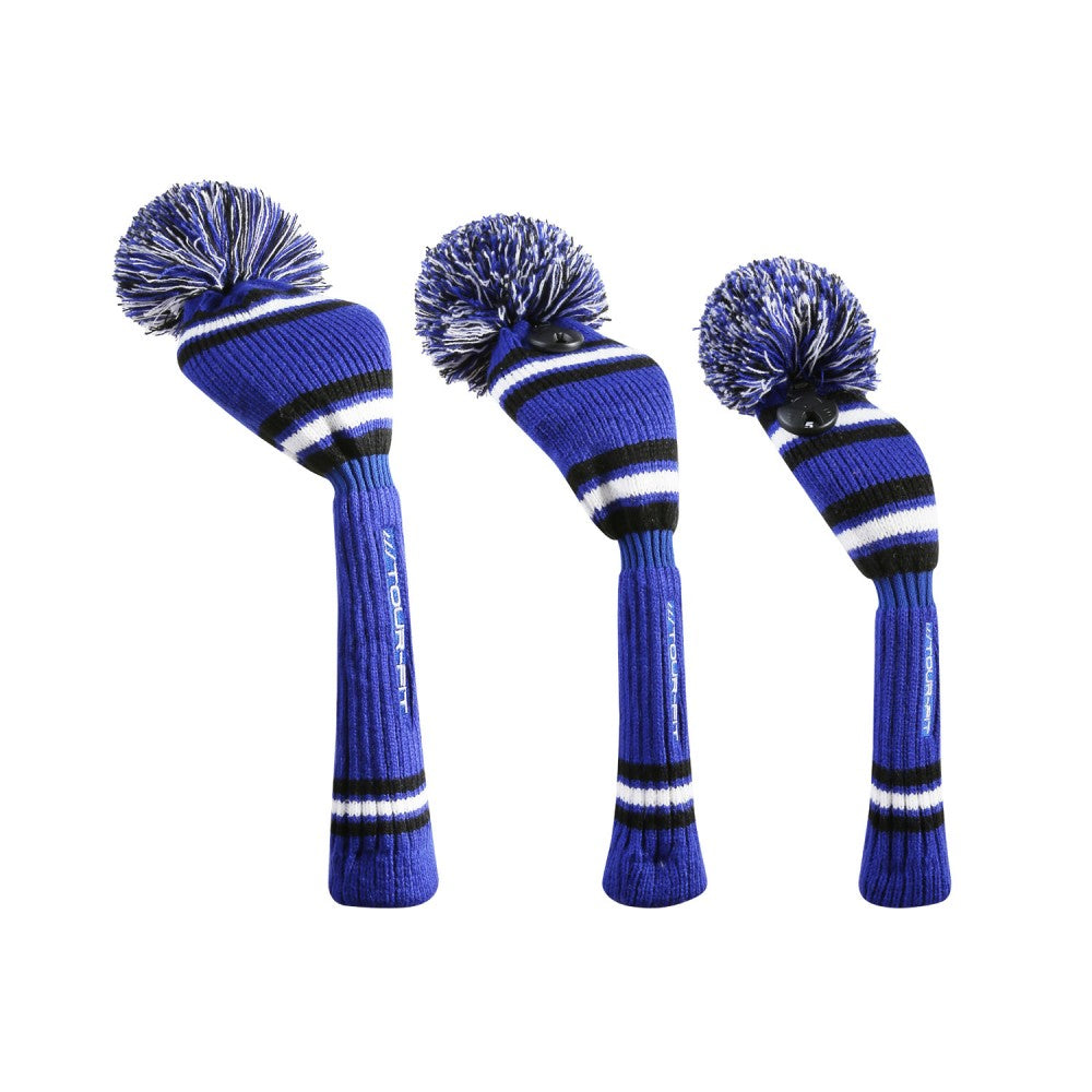 Golf club Headcover Tour Fit Double Layer Pom Pom Knitted Blue/Black/White